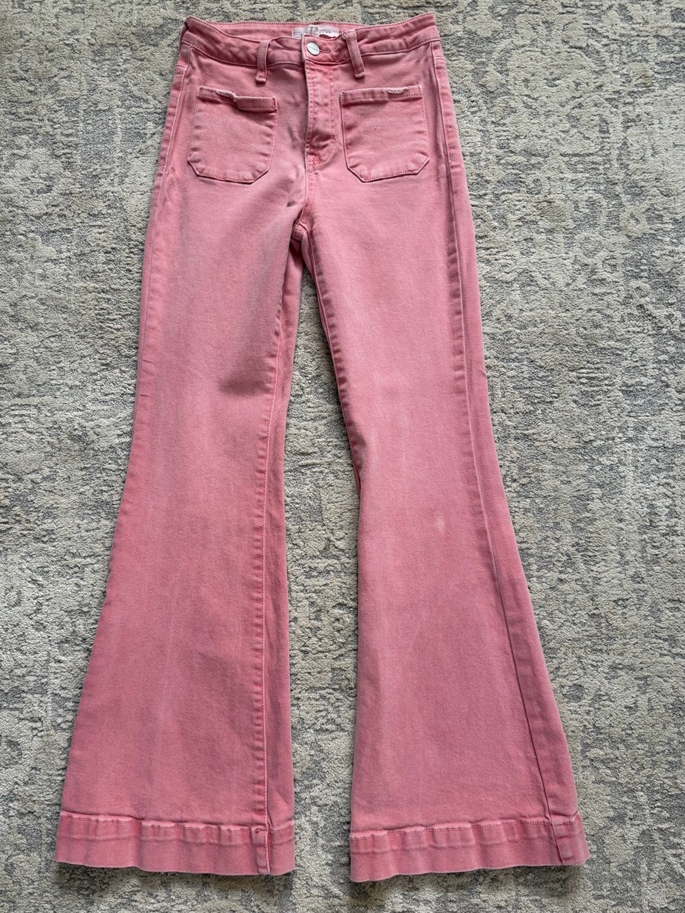 Risen Jeans Pink Wide Leg Flare Patch Pocket Jeans High Rise Size 5/27